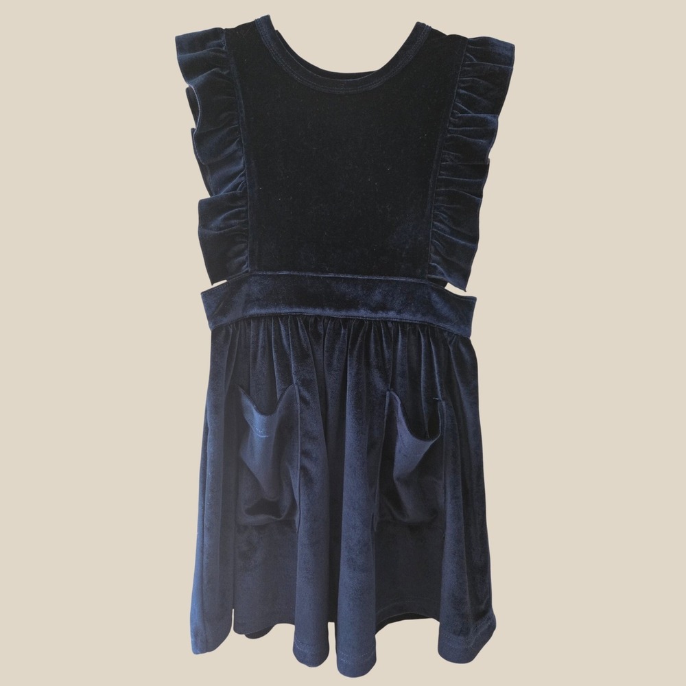 Pink Chicken New York Navy Blue Velvet Ruffle Pocket Dress Kids Size 6Y